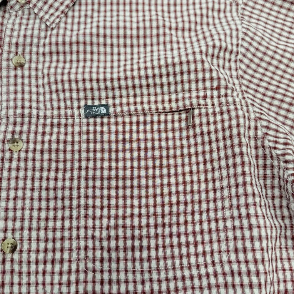 The North Face Button Down Flannel Shirt Red Plaid Mens LARGE Check Zip Pocket